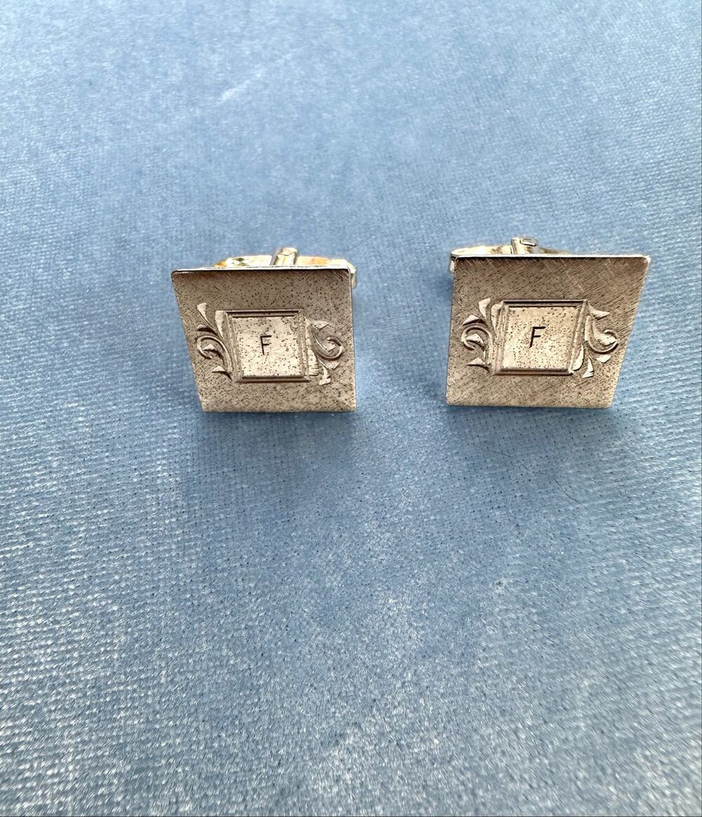 Vintage Sterling Silver Monogram F Cufflinks Square Etched Deco Men's Estate